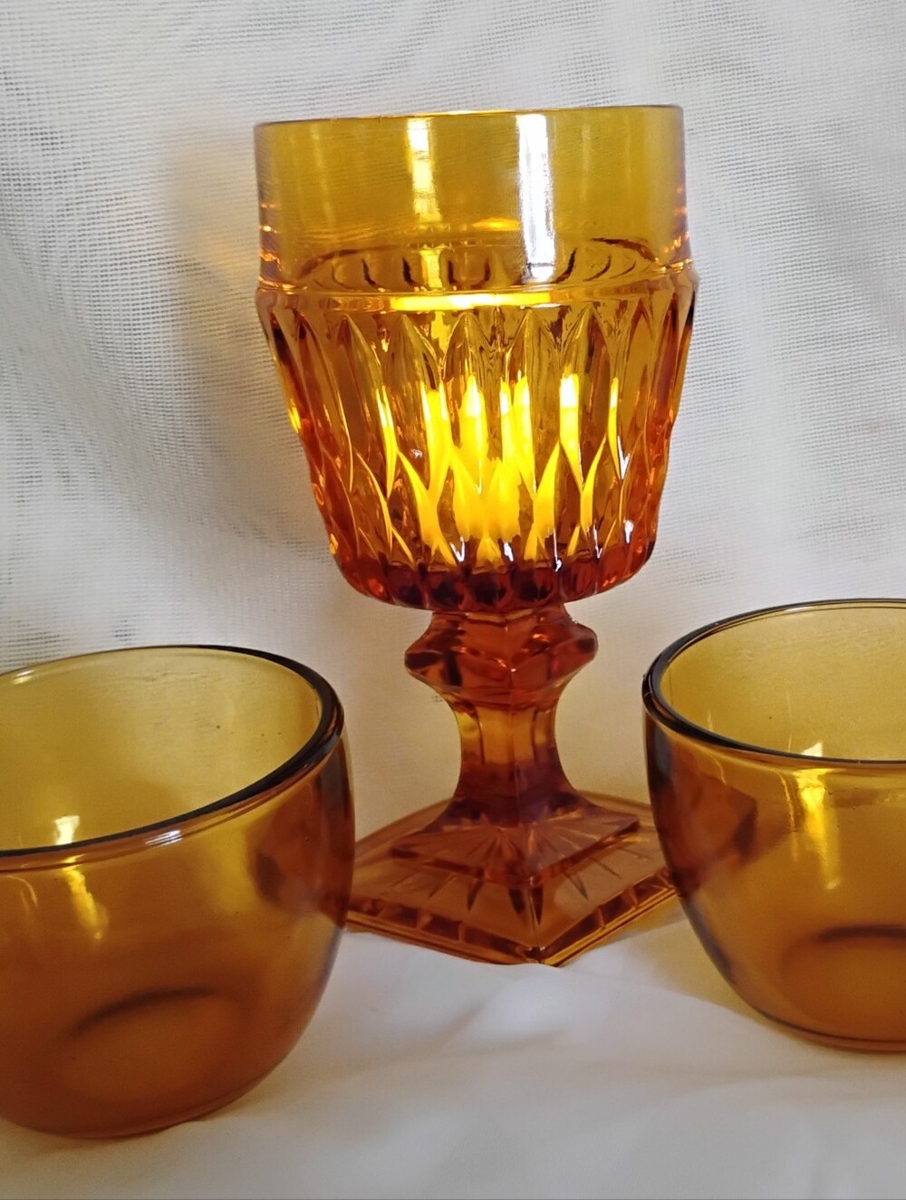 Vintage Amber Pressed Glass 3-Piece Set/ Goblet & Cups/LED Tealight Included